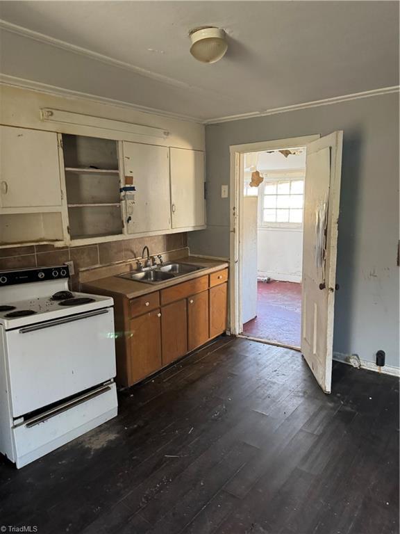 kitchen featuring white electric stove, crown molding, dark hardwood / wood-style floors, sink, and tasteful backsplash