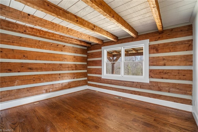 spare room with wooden walls, wood ceiling, baseboards, beam ceiling, and dark wood-style floors