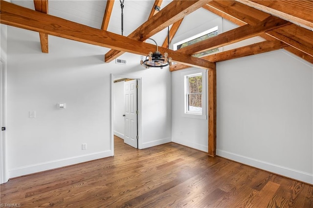 bonus room featuring baseboards, visible vents, wood finished floors, vaulted ceiling with beams, and an inviting chandelier