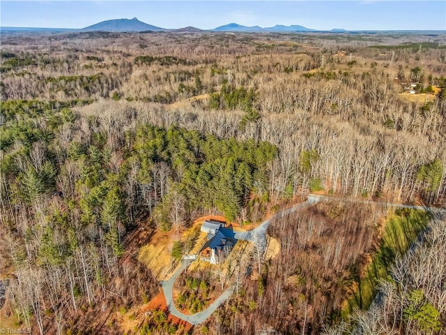 aerial view featuring a mountain view and a wooded view