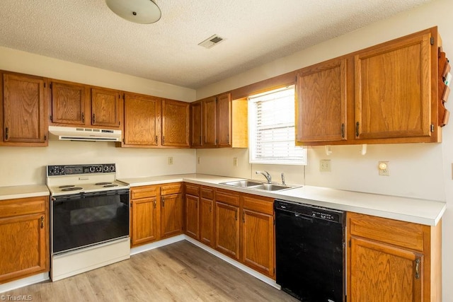 kitchen featuring range with electric stovetop, dishwasher, sink, a textured ceiling, and light hardwood / wood-style flooring