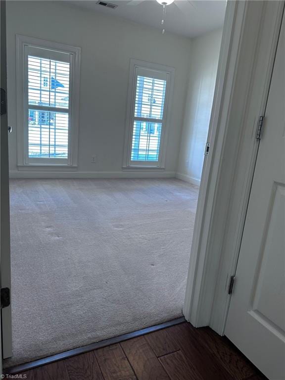 empty room featuring plenty of natural light, carpet, and ceiling fan