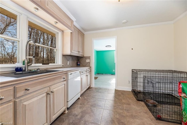 753 Wolf Island Rd, Reidsville, NC 27320 - kitchen featuring sink, dishwasher, backsplash, ornamental molding, and light brown cabinetry