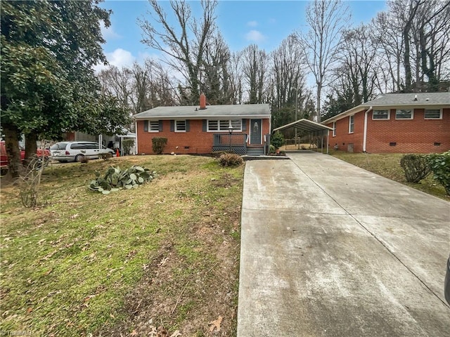 single story home with a carport and a front lawn