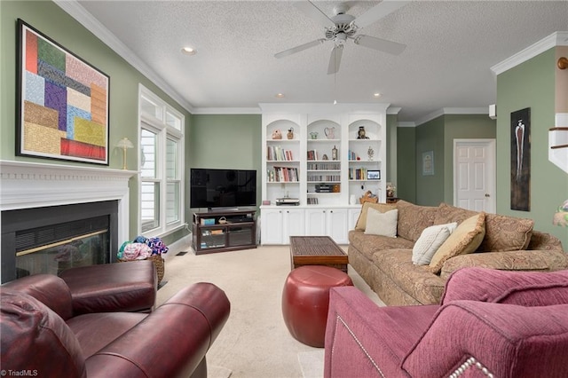 6516 Dornoch Dr, Greensboro, NC 27410 - living room with light colored carpet, crown molding, a textured ceiling, ceiling fan, and recessed lighting