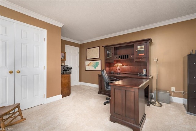 6516 Dornoch Dr, Greensboro, NC 27410 - home office with light colored carpet, crown molding, baseboards, and a textured ceiling