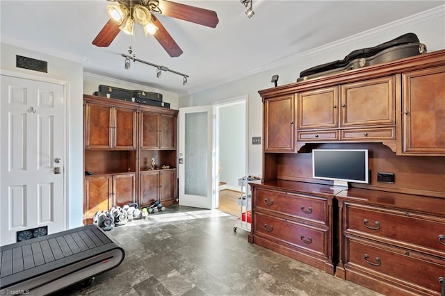 interior space with crown molding, rail lighting, and ceiling fan