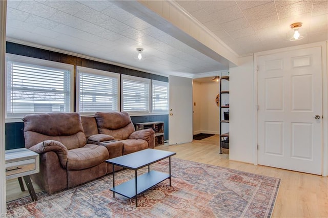 3412 Smithtown Rd, East Bend, NC 27018 - living room featuring light wood-style floors, ornamental molding, and baseboards