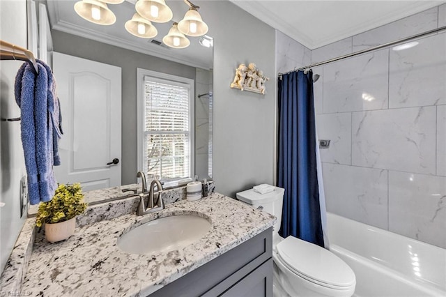 bathroom with shower / bathtub combination with curtain, toilet, an inviting chandelier, ornamental molding, and vanity