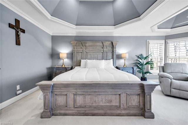 bedroom featuring baseboards, ornamental molding, a raised ceiling, and light colored carpet