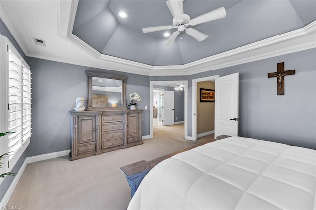 carpeted bedroom with baseboards, visible vents, ceiling fan, ornamental molding, and vaulted ceiling