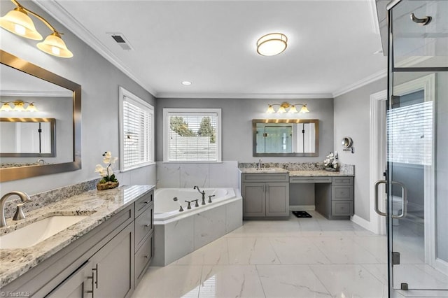 bathroom featuring a sink, visible vents, marble finish floor, ornamental molding, and a stall shower