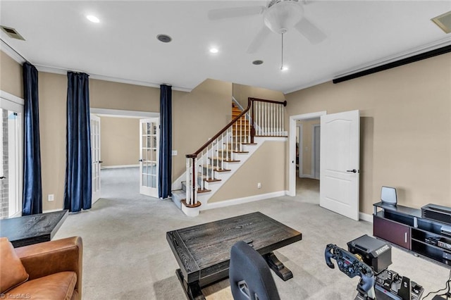 workout room with ornamental molding, carpet, baseboards, and recessed lighting