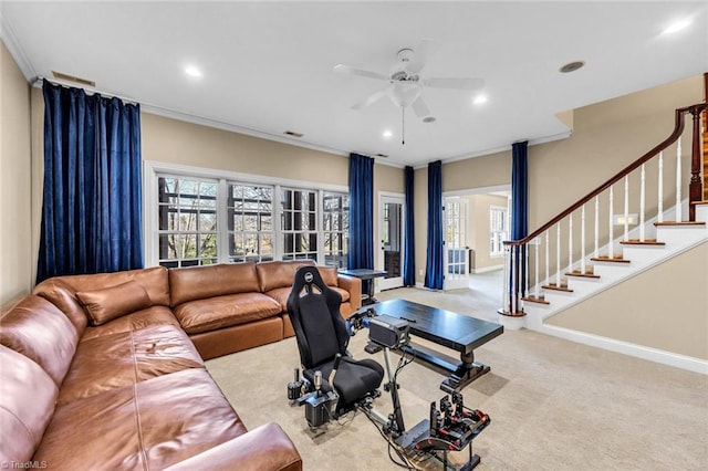 living room featuring baseboards, stairway, carpet, crown molding, and recessed lighting