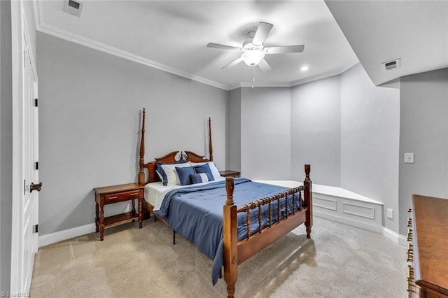 carpeted bedroom featuring baseboards, visible vents, and crown molding