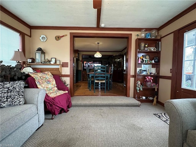 living room with crown molding, carpet floors, and a wealth of natural light