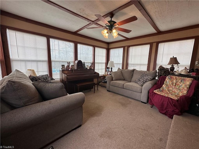 carpeted living room with ceiling fan and a textured ceiling