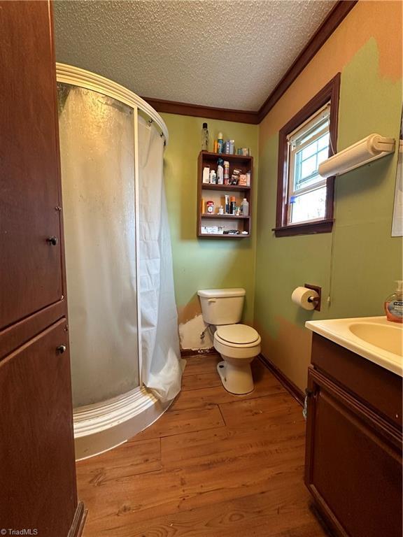 bathroom featuring a shower with shower curtain, vanity, wood-type flooring, ornamental molding, and a textured ceiling