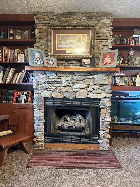 details with a stone fireplace, carpet, and a textured ceiling