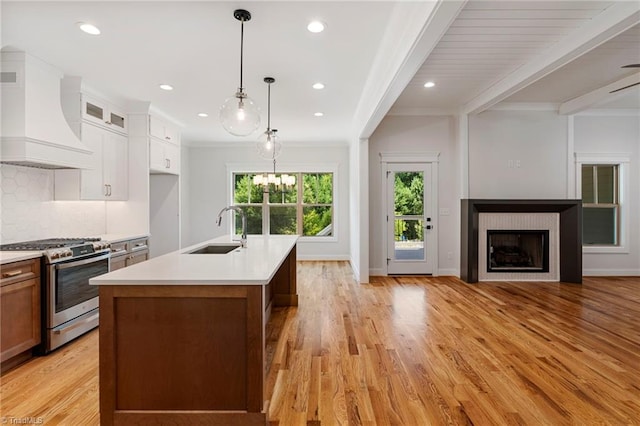 kitchen with premium range hood, sink, white cabinets, backsplash, and stainless steel range with gas stovetop