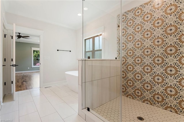 bathroom featuring tile patterned floors, shower with separate bathtub, and ceiling fan