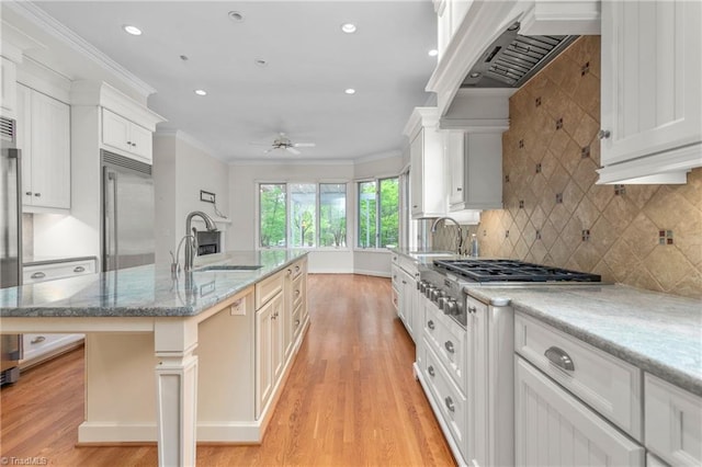 kitchen featuring appliances with stainless steel finishes, a sink, light wood-type flooring, and extractor fan