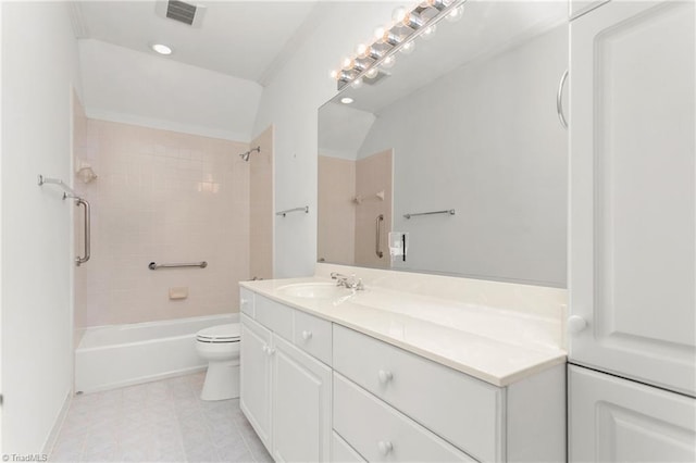 full bathroom featuring vanity, tub / shower combination, baseboards, toilet, and visible vents