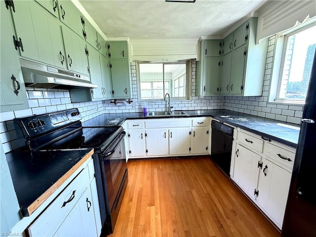 1024 Lone Hickory Rd, Yadkinville, NC 27055 - kitchen with black appliances, under cabinet range hood, a sink, plenty of natural light, and a textured ceiling