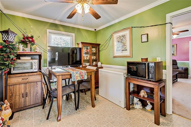 bedroom with carpet flooring, ceiling fan, and crown molding