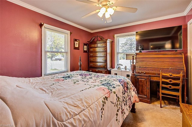 bedroom featuring light carpet, crown molding, and ceiling fan