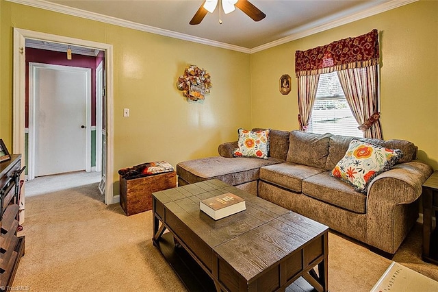 living room with crown molding, light carpet, and ceiling fan