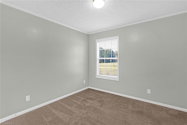 empty room with ornamental molding, a textured ceiling, and carpet flooring