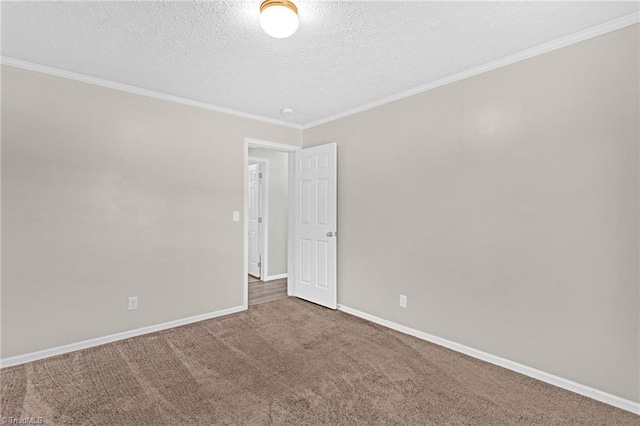 empty room featuring crown molding, carpet flooring, and a textured ceiling