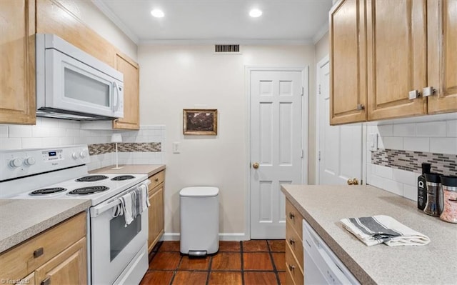 kitchen with tasteful backsplash, light brown cabinetry, white appliances, and ornamental molding