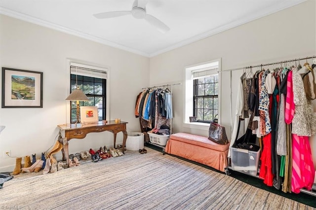 mudroom featuring ceiling fan, crown molding, and a healthy amount of sunlight