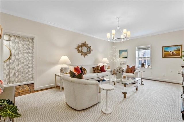 tiled living room featuring crown molding and an inviting chandelier