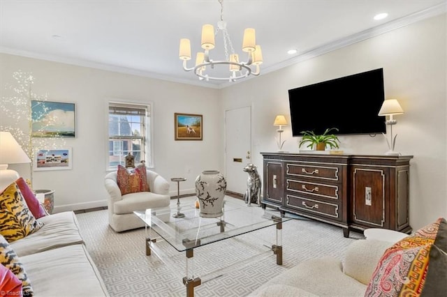 living room with an inviting chandelier and crown molding