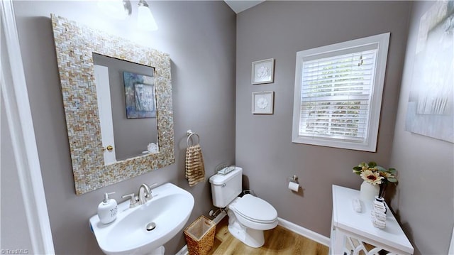 bathroom with toilet, wood finished floors, baseboards, and a sink