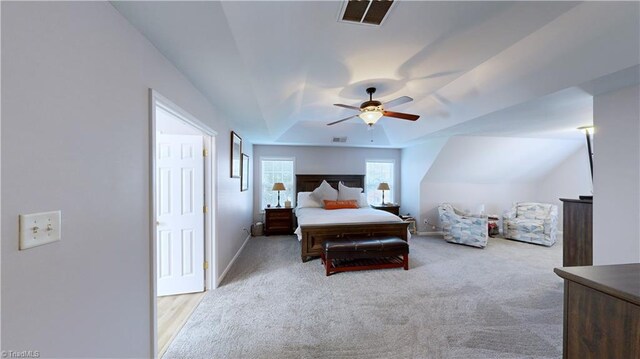 bedroom featuring ceiling fan and light colored carpet