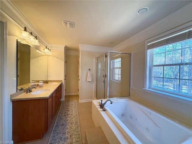 bathroom with crown molding, plus walk in shower, tile patterned floors, and vanity