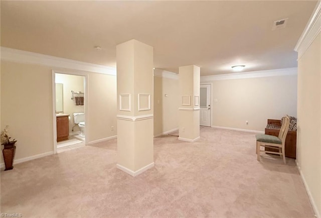 interior space with ornamental molding and light carpet