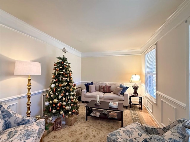 living room with ornamental molding