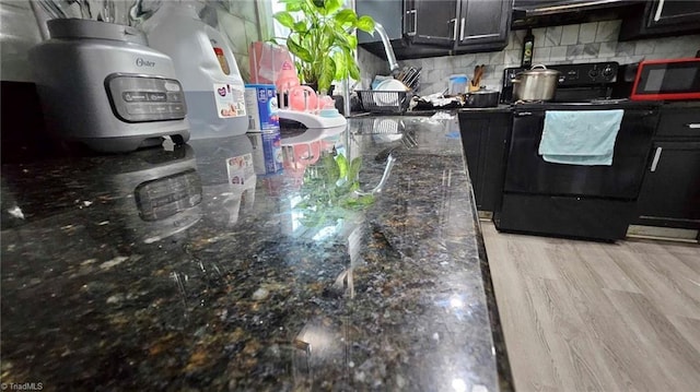 kitchen with dark stone countertops, electric range, light hardwood / wood-style floors, and decorative backsplash