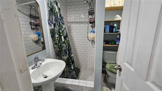 bathroom featuring a shower with curtain, sink, and toilet