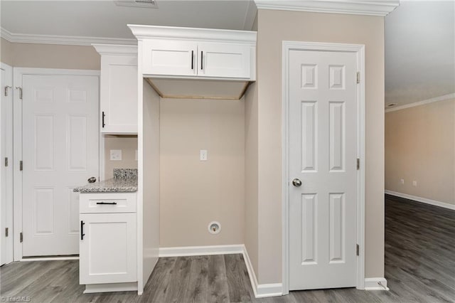 512 Guilford Ave, High Point, NC 27262 - kitchen featuring wood finished floors, white cabinetry, light stone counters, baseboards, and crown molding