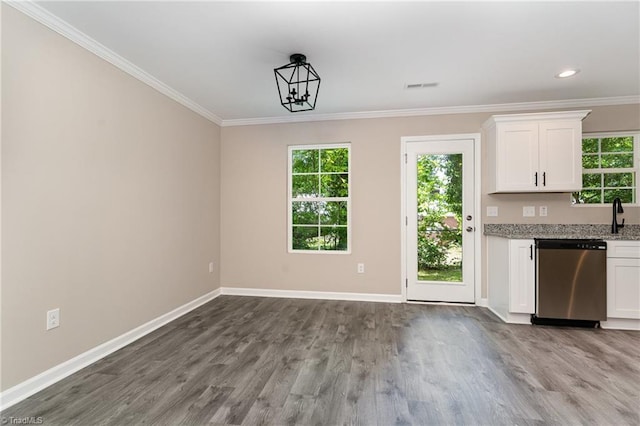 512 Guilford Ave, High Point, NC 27262 - kitchen featuring dishwasher, baseboards, white cabinets, dark wood finished floors, and ornamental molding