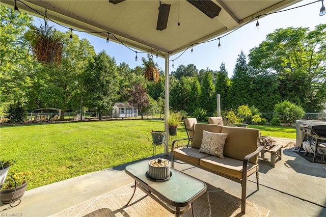 6937 US Highway 158, Stokesdale, NC 27357 - view of patio / terrace featuring ceiling fan, an outdoor hangout area, and view of scattered trees