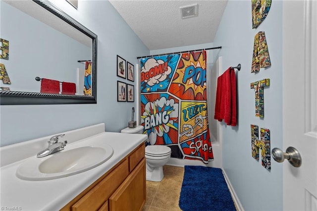 full bathroom with shower / bath combo, visible vents, tile patterned flooring, a textured ceiling, and vanity