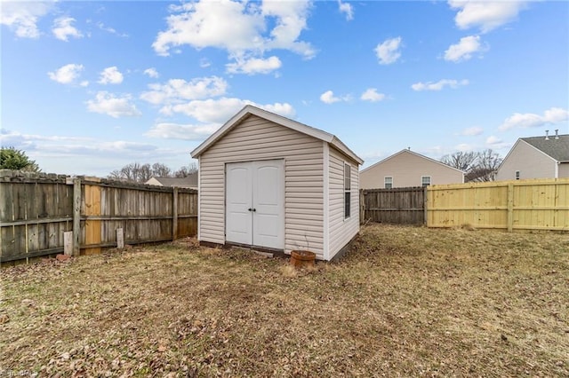 view of shed with a fenced backyard