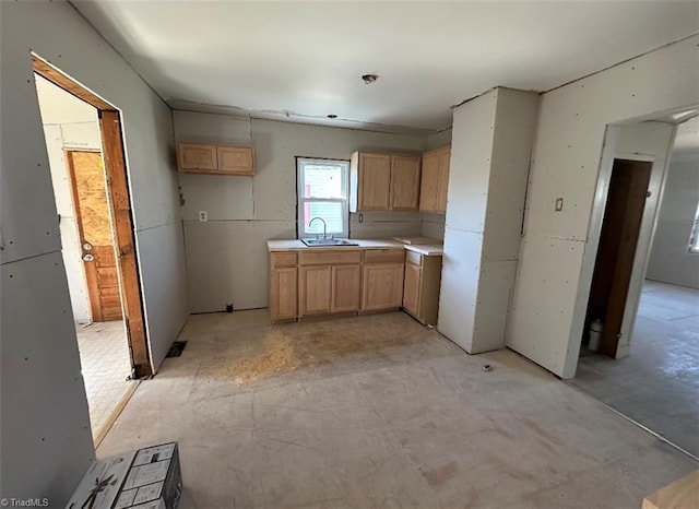 kitchen with light brown cabinets, light countertops, and a sink